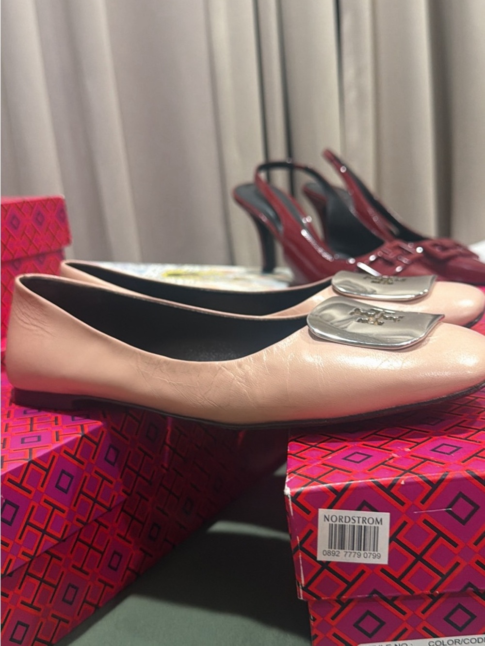 Tory Burch Blush Pink Leather Logo-Embellished Ballet Flats - Picture 2 of 3
